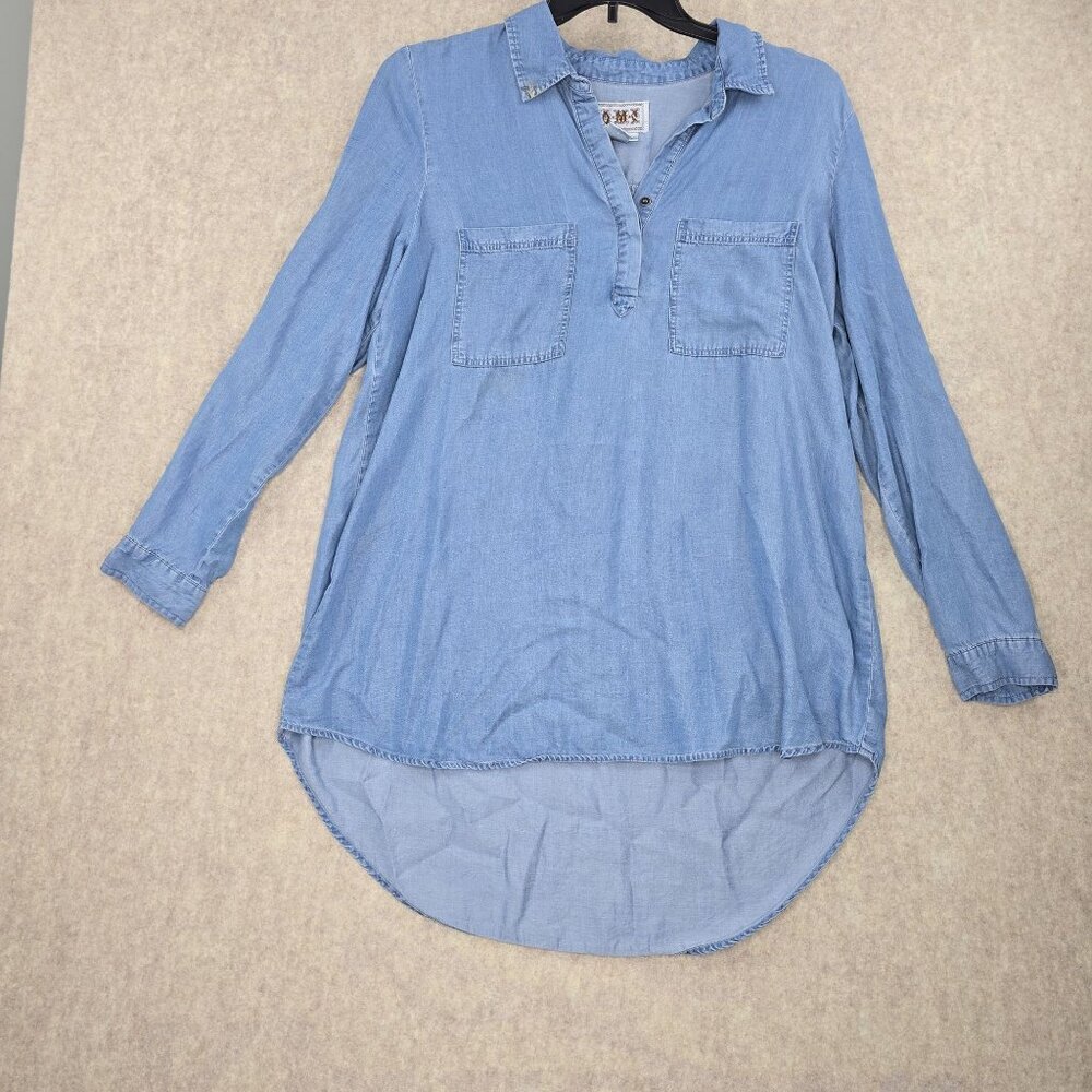 AMM Womens Long Sleeve Chambray Tunic Shirt Light Blue Size L Lyocell Casual
